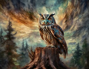 owl resting on a tree stump in the Wisconsin Wilderness, motion blur, fractal, dramatic ethe.