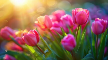 Vibrant pink tulips bathed in warm sunlight with a soft-focus background.