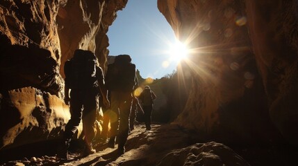 A group of explorers hike through a narrow canyon backpacks and gear silhouetted against the bright sun as they discover a hidden . . - obrazy, fototapety, plakaty