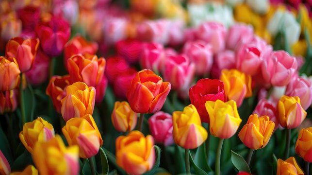 Colorful tulips in bloom, vibrant natural background.