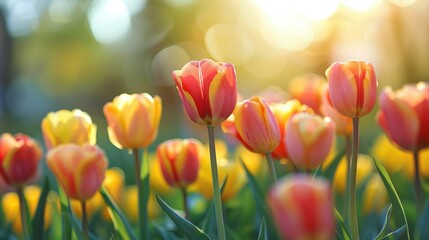 Colorful tulips in sunlight with a soft-focus background. - obrazy, fototapety, plakaty