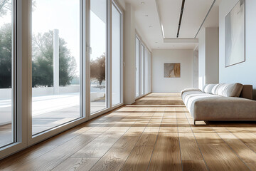 Empty living room with hardwood floor in modern with fabric sofa