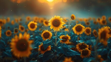 Sunflower field at sunset with vibrant colors and soft focus, conveying a tranquil, dreamy...