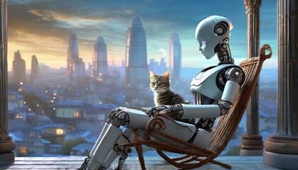 Subject- A lone android sits in a rocking chair with a kitten in their lap.
