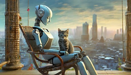 Subject- A lone android sits in a rocking chair with a kitten in their lap.