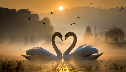 Swans making the shape of a heart by sunrise and morning fog - Powered by Adobe