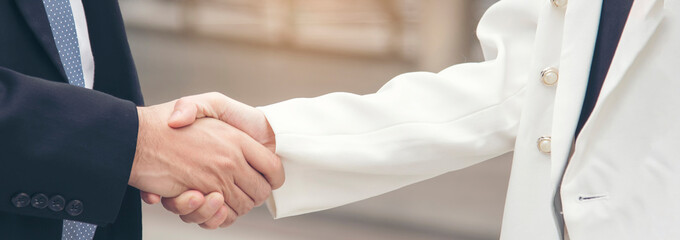 Banner Trust honesty business customer handshake together promise partner. Panorama Businessman teamwork diversity solidarity team Partner hands together. Team meeting shaking hands with copy space - obrazy, fototapety, plakaty