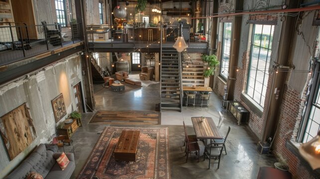 A converted industrial loft with soaring ceilings and a rustic vibe featuring repurposed materials such as reclaimed wood and salvaged . .