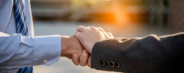 Banner Trust honesty business customer handshake together promise partner. Panorama Businessman...