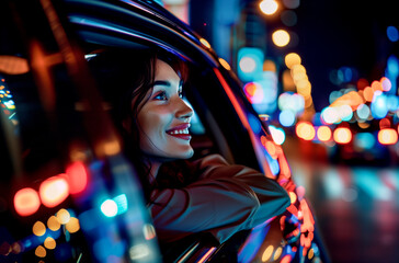 A happy woman in a car at night in the city.