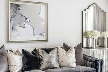 Interior design with grey couch, mirror, and painting in living room