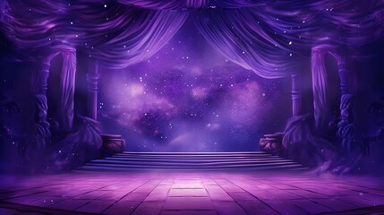 Purple stage curtain with spotlights and wooden floor. Vector illustration - obrazy, fototapety, plakaty