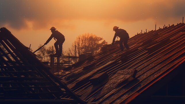 Workers installing roofing tiles on the roof of the house.