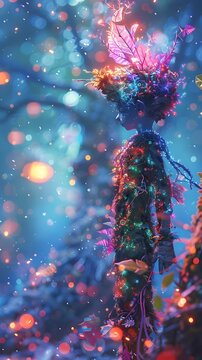 Enchanting Elf in Neon Snowfall:A Whimsical Fairy Tale Watercolor