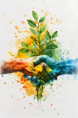 Handshake and Plant Symbolizing Sustainable Business Practices in Vibrant Summer Solstice Watercolor Impressionism
