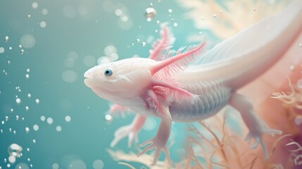 Underwater Delight: Immerse Yourself in the Soft Focus Image of a Captivating Axolotl, Noting its Intricate Gills and the Subtle Play of Bubbles Under The Sea