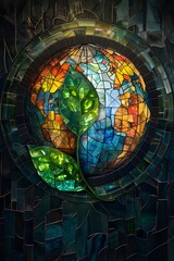 Stained Glass of Eco-Friendly Globe with Leaf and Circuit Elements in Regal Elegance Color Palette