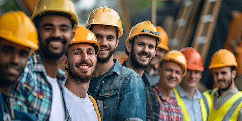 Fototapeta premium smiling construction workers posing for the camera, generative AI
