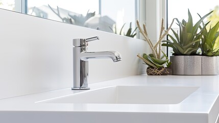 stainless steel tap on a white ceramic hand basin - obrazy, fototapety, plakaty