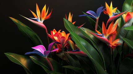 Tropical Elegance: A Vibrant Artistic Interpretation of Bird of Paradise Flowers Against a Dark Background, Infusing the Scene with Exotic Charm and Dramatic Contrast.