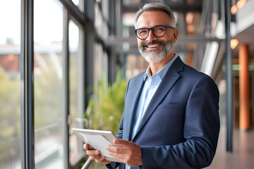 Fototapeta premium Caucasian man holding tablet phone in office