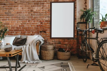 Cozy living room with a brick wall, couch, and bicycle as a standout fixture