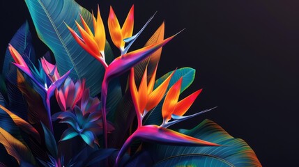 Tropical Elegance: A Vibrant Artistic Interpretation of Bird of Paradise Flowers Against a Dark Background, Infusing the Scene with Exotic Charm and Dramatic Contrast.