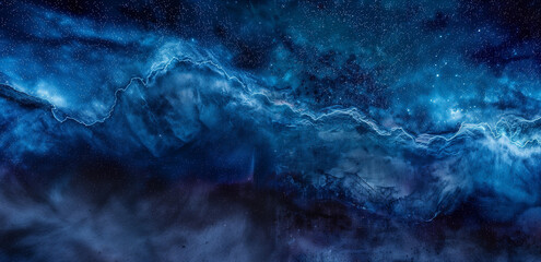 Electric blue lightning like nebula across a galaxy of stars with cloud like black formations -...