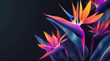 Exotic Floral Masterpiece: Behold the Vibrant Bird of Paradise Flowers in an Artistic Interpretation Set Against a Dark Background, Creating a Captivating Display of Tropical Beauty and Contrast