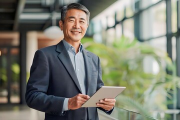 Asian man holding tablet phone in office