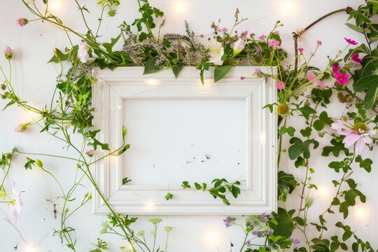 A white rectangle picture frame adorned with flowers and leaves on a white wall