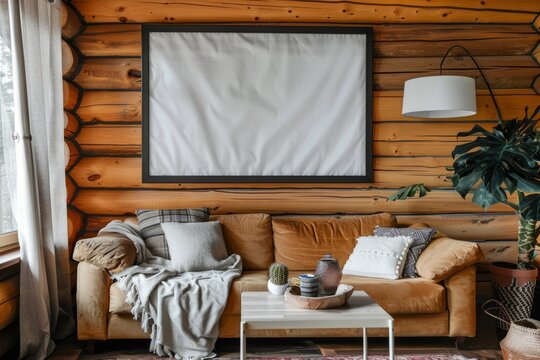 Cozy living room in log cabin with couch and wall picture