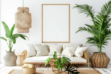 Living room with couch, table, plants, and picture frame on wall