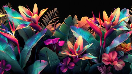Floral Majesty: Witness the Artistic Interpretation of Bird of Paradise Flowers, Vibrant and Striking Against a Dark Background, Evoking a Sense of Tropical Grandeur and Intrigue