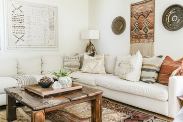 A living room with a white couch and wooden coffee table