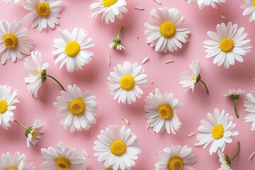 Obraz premium Daisy Pattern on Pink Background with Copy Space 