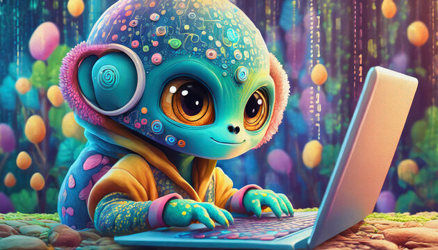 Oil painting style Close up of baby alien cartoon character hacker hands using laptop with creative binary cod