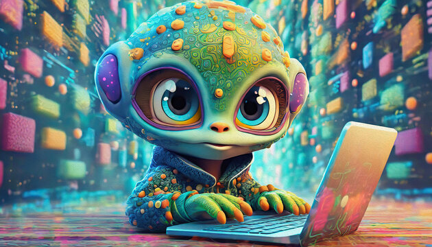 Oil Painting Style Close Up Of Baby Alien Cartoon Character Hacker Hands Using Laptop With Creative Binary Cod