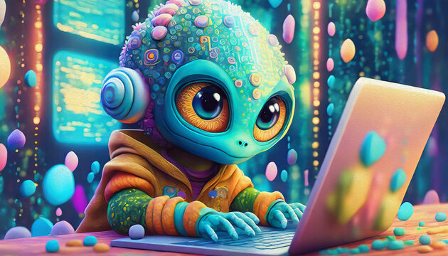 Oil painting style Close up of baby alien cartoon character hacker hands using laptop with creative binary cod