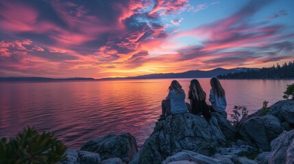 A small group of friends sit on a rocky outcropping backs facing the camera as they marvel at the striking colors of the sky . . - obrazy, fototapety, plakaty