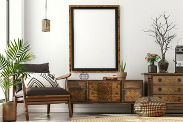 A rectangular picture frame hangs on the living room wall