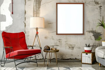 Building interior with a red chair, couch, lamp, and picture frame on the wall