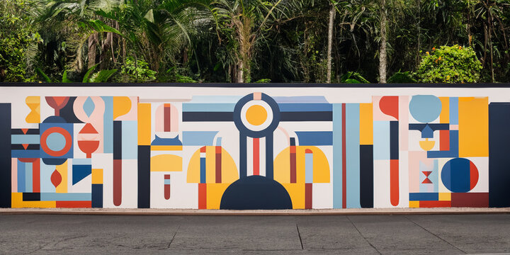 A fictitious wall mural along a street next to a rainforest jungle; background image