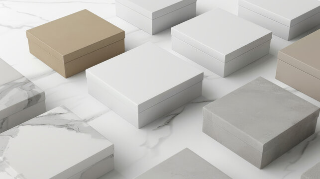 Variety of blank packaging boxes arranged on a marble surface, ideal for branding with a blank label representing different sizes and materials
