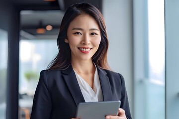 asian woman holding tablet phone in office
