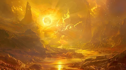 Fototapeten A fantasy landscape illuminated by a second blazing hot sun © AI Farm