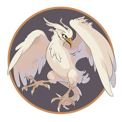 An illustration of a white harpy bird within a circle - obrazy, fototapety, plakaty