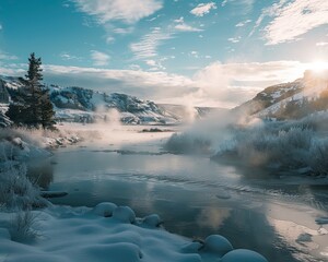 Fototapeta premium A steaming hot spring in a snowy landscape contrasting the cold with natural warmth