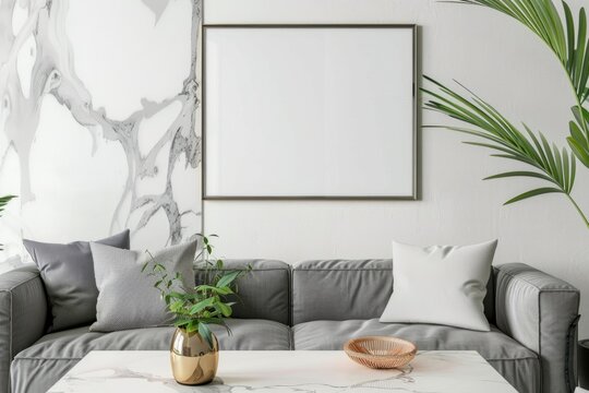 Interior design with a white couch, coffee table, and picture on the wall