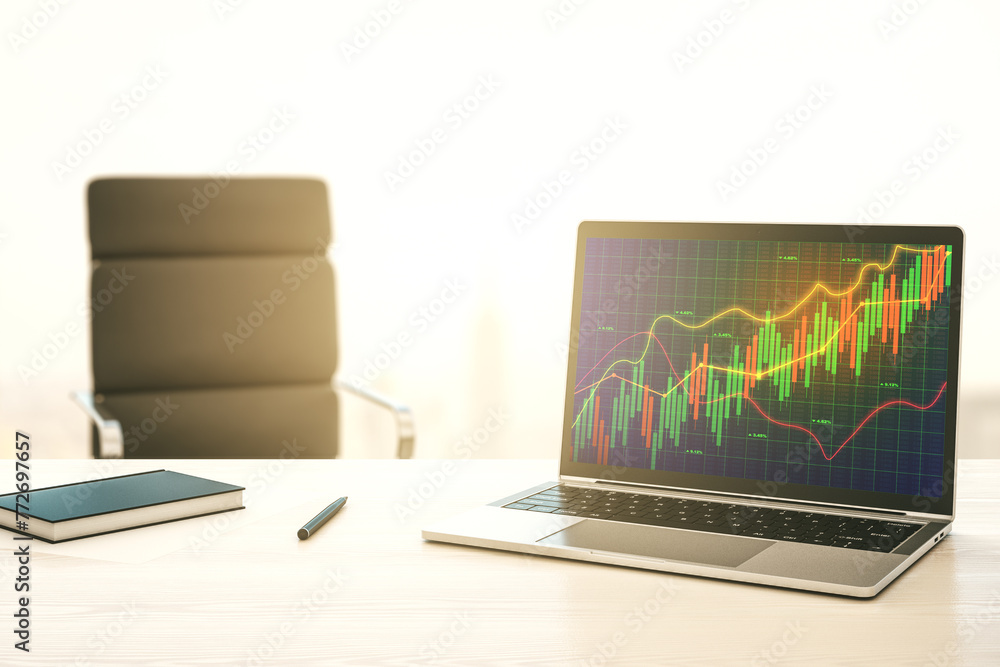 Poster modern computer screen with abstract financial diagram, banking and accounting concept. 3d rendering
